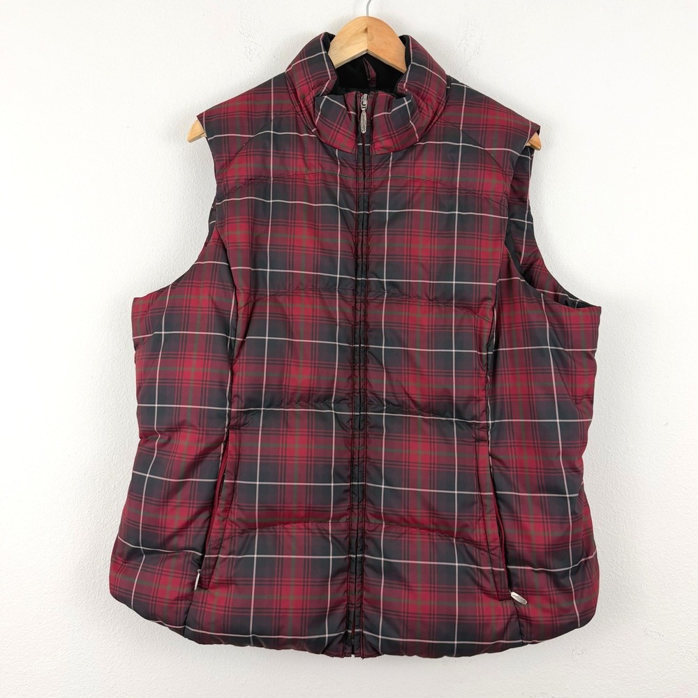 Eddie Bauer Premium Womens XL Goose Down Puffer Vest Red Black Plaid Full Zip